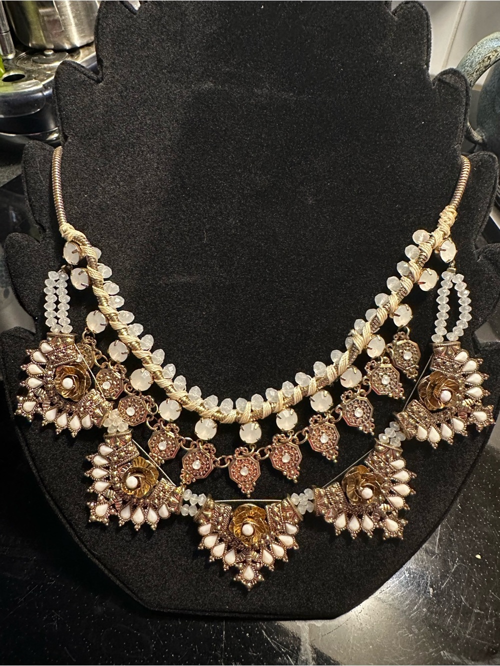 Ornate Gold-Tone and Cream Beaded Statement Necklace